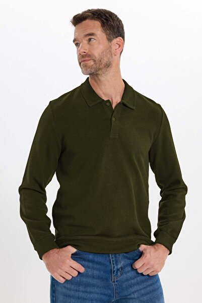 Tudors Men's regular fit classic cut long sleeve khaki polo collar sweatshirt