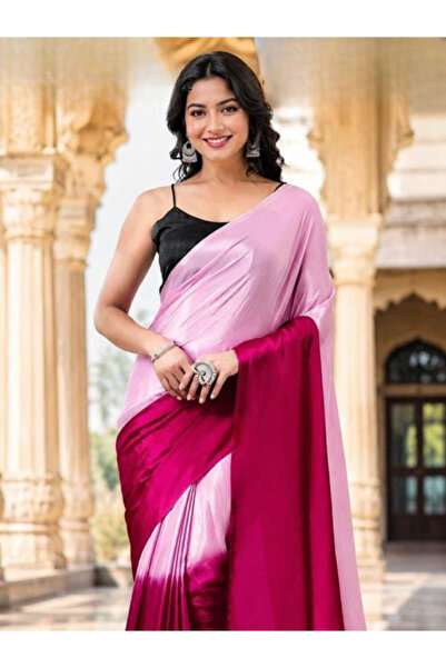 MYSMAR Pink Gradient Ombre Soft Georgette Ready-to-Wear Saree - FFT9596 | Pin...