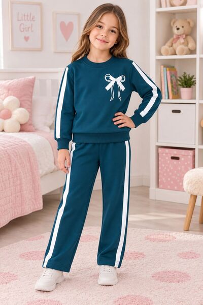 ALİŞ KİDS Girl's Cotton Petrol Green Striped Edges Wide Leg Ribbon Patterned ...