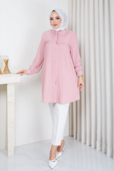 Pamuk Butik Women's Collar Detail Ruffled Yoke Shirt