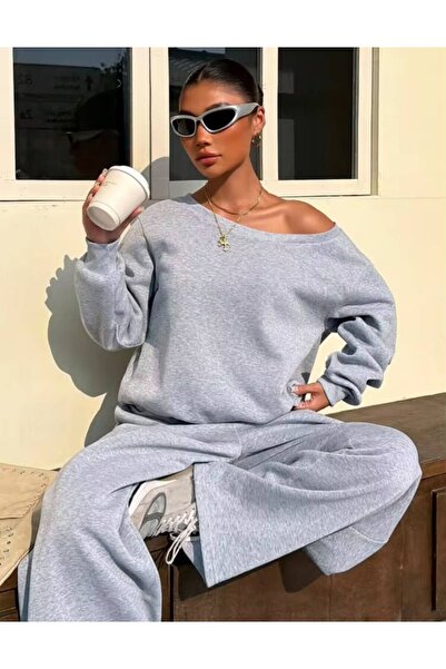 Kadın Gri Ribanalı Asimetrik Yaka Sweatshirt- Gri Bol Kesim Rahat Eşofman Altı Takım