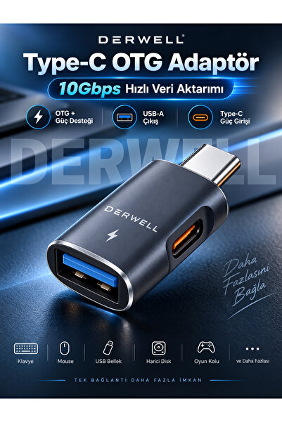 Derwell Type-C OTG Adaptör Dönüştürücü 10Gbps Süper Hızlı Veri Aktarımı USB 3...