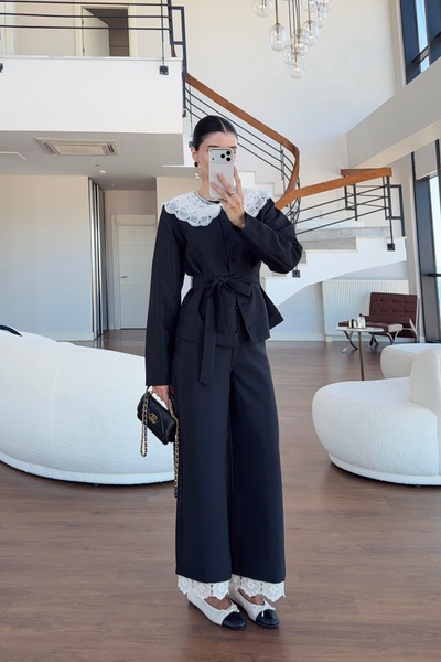 BRTC design Women's Black Lace Detailed Doll Collar Jacket and Pants Belted Suit