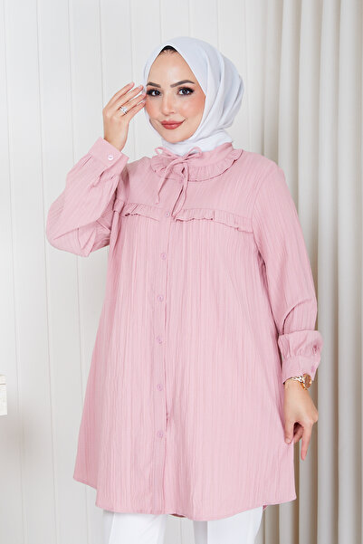 Pamuk Butik Kadın Yaka Detaylı Fırfırlı Robalı Gömlek