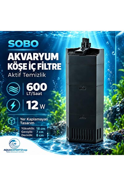 Sobo Akvaryum Köşe İç Filtre - Aktif Temizlik - 600 LT/Saat - 12W - Yer Kapla...
