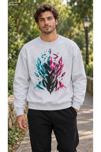 caddekombin Men's Cyber Warrior Printed Crew Neck Casual Regular Fit Sweatshirt