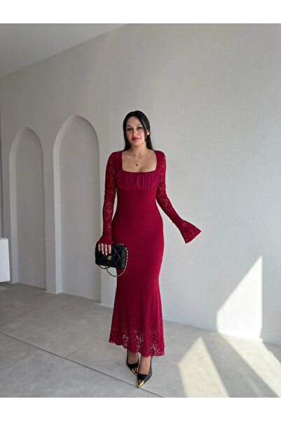Mooi Butik MONTANA Midi Elbise 5978 - Bordo