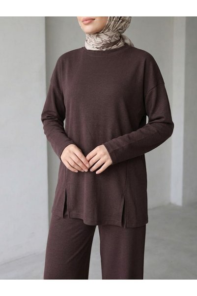 Generic Brand Women's Hijab Two-Piece Set Comfortable Fit Pique Fabric Long Sleeve Tunic Wide Leg Pants Stylish Daily Wear