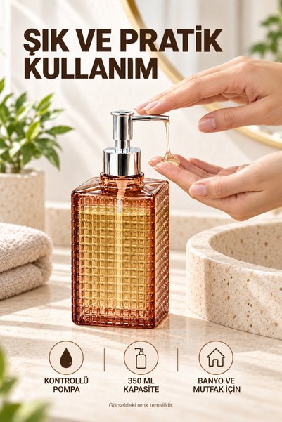 Anadolu Saray 350 ml Kare Cam Sıvı Sabunluk Krom Pompalı Kabartmalı Şık Tasarım 1 Adet Karışık Renk