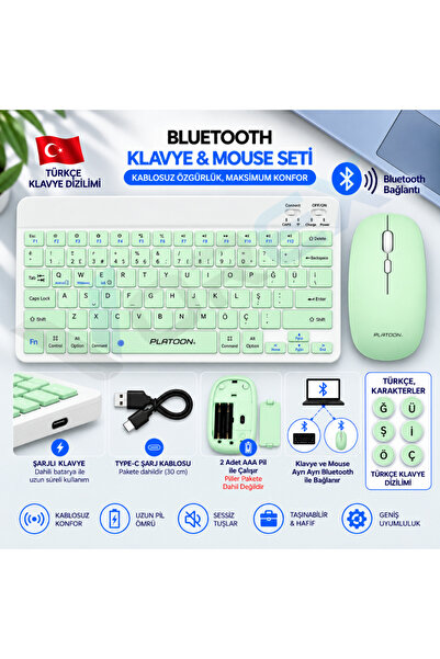 VOREX PL-388 Bluetooth Türkçe Q Mini Klavye Mouse Seti Şarjlı Klavye Pilli Mouse