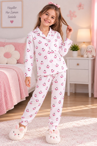 SERPİL Girls' Pajama Set 7 Years Old Cherry Patterned Long Sleeve Shirt Colla...