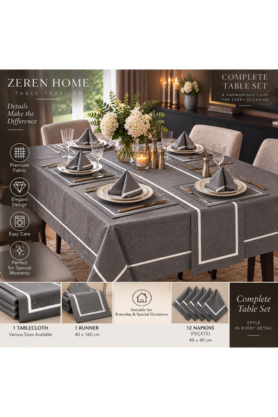Zeren Home Ασημί Piko Λεπτομερές Λινό Τραπεζομάντιλο σε Ανθρακί Χρώμα + 12 Χα...