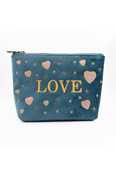 3rd March Studio Blue Love Embroidered Velvet Makeup Bag & Organizer 23X15X7 cm
