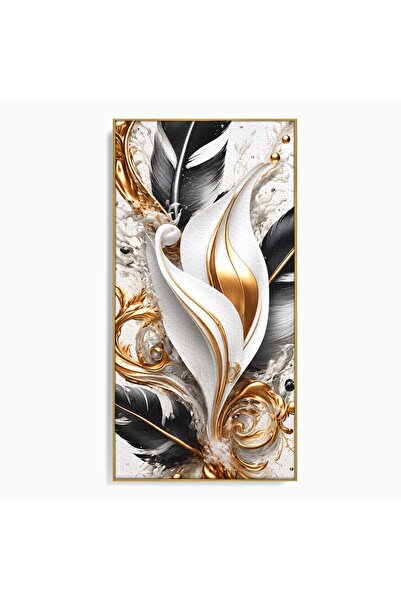 Luxcanva Tablou Canvas Armonie De Pene 50x100 cm cu Rama Auriu Pene Abstract ...
