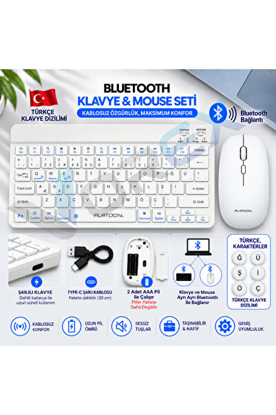 VOREX PL-388 Bluetooth Türkçe Q Mini Klavye Mouse Seti Şarjlı Klavye Pilli Mouse