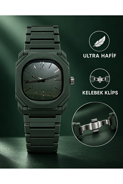 pullmarkt Dark Green Butterfly Lock Cord Wristwatch, Lightweight Ultra-Light