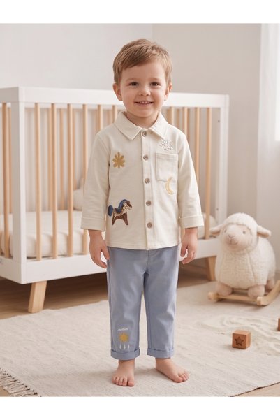 Deniva Kids Çocuk Bej Ceket Yaka Nakış Detaylı Düğmeli Gömlek ve Açık Mavi Pa...