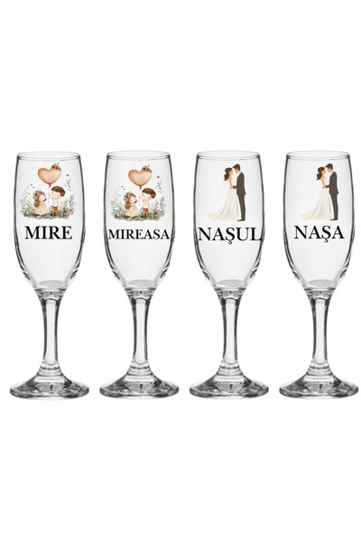 OEM Set elegant de pahare din sticlă, 4 piese, pentru miri și părinți, design...