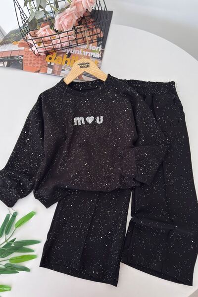 Minigimin Cicileri Heart Stone Detailed Glittery Girls' 2-Piece Set - Black