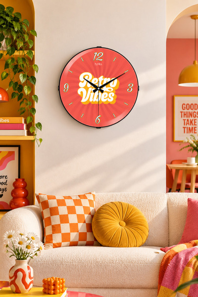 Muyika Design Duvar Saati 36 cm Retro Vibes Kırmızı Turuncu Sessiz Akar Mekan...