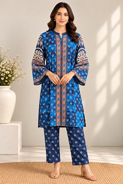 Devoiler Women’s Royal Blue Ethnic Printed Kurta & Trouser Co-Ord Set