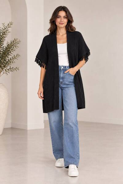 MAY MARA Women's tassel sleeved comfortable fit jacquard cardigan