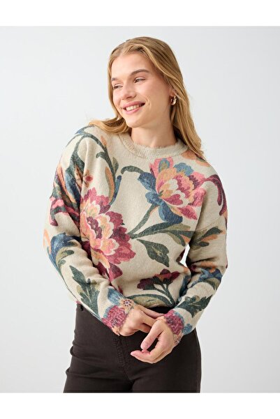 Jimmy Key Ecru Floral Patterned Crew Neck Knit Sweater