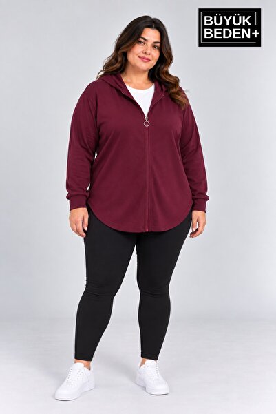 Superlife Süperlife Women's Large Size Zippered Hooded Long Oval Hem Cardigan...