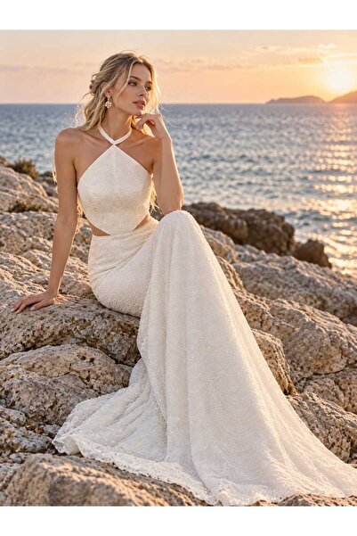 EVET couture Kadın Beyaz Söz Nişan Abiye elbise - İsteme Nikah - Zarif Özel G...