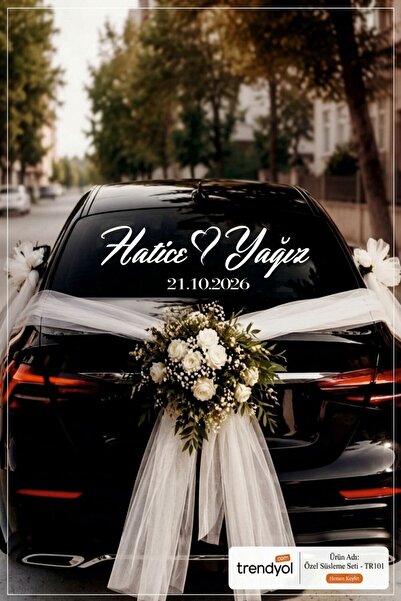 Kişiye Özel Gelin Arabası Arka Cam Yazısı – İsim, Tarih ve Dekorlu Sticker