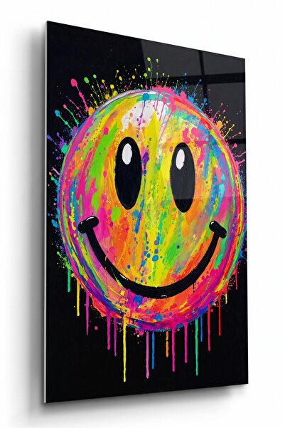 Tablo Pera Neon Grafiti Gülen Yüz Cam Duvar Tablosu Cam Tablo Salon Ofis Duva...