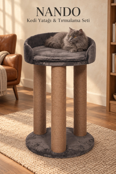 Sawinno NANDO Büyük Yataklı Kedi Tırmalama Ağacı, WellSoft Minder, 3 Kalın Jüt Direk, 89x60 cm