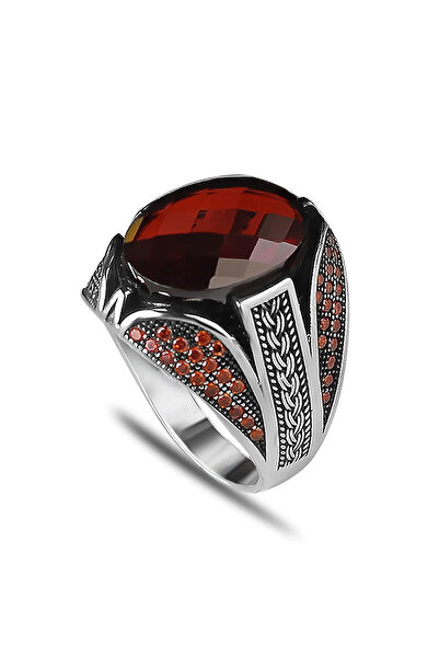 Mirari Jewelry Garnet Taşlı Örgü Motifli Kırmızı Taş Detaylı Erkek Yüzük | Pr...