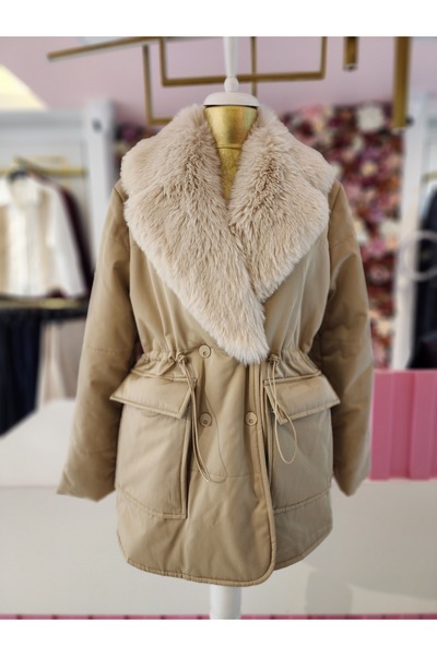 SEÇİLSTORE kadın bej yakası çıkarılabilir kürklü anorak kaban