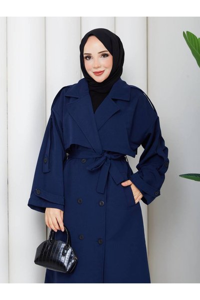 REMA BUTİK Women's Oversize Button Belt and Slit Detail Pelerine Detail Mid-Length Trench Coat