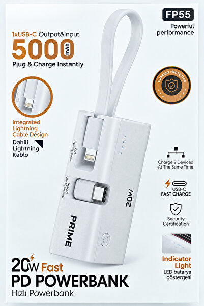 MO DOU 5000 mAh 20W PD Hızlı Şarj Powerbank Dahili Type-C ve Lightning Kablol...