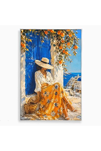 Luxcanva Tablou Canvas Femeie Cu Palarie In Santorini 50x70 cm cu Rama Argint...