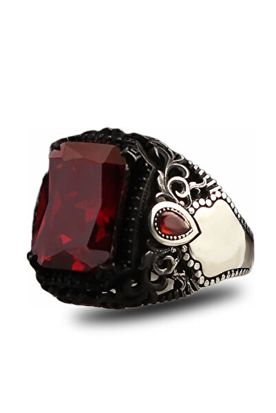 Mirari Jewelry Garnet Taşlı Dikdörtgen Kesim Vintage Motifli Erkek Yüzük | Pr...