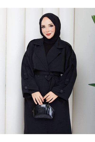 REMA BUTİK Women's Oversize Button Belt and Slit Detail Pelerine Detail Mid-Length Trench Coat
