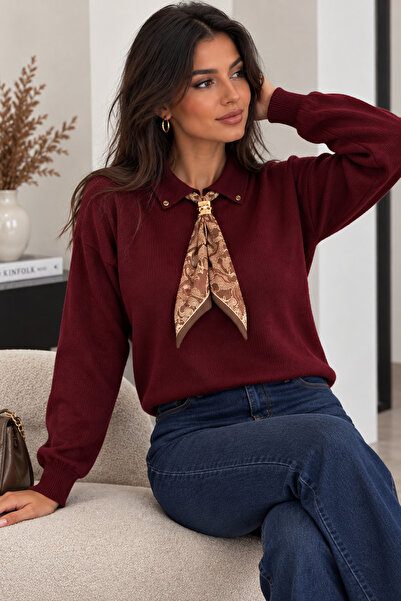 H&E LUXURY DESIGN Kadın Yumuşak Dokulu Triko Kazak Polo Yaka Fular Detaylı Uz...