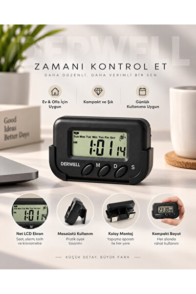 Derwell Ders Çalışma Kronometresi Dijital Saat Alarm Tarih Takvim Fonksiyonlu...