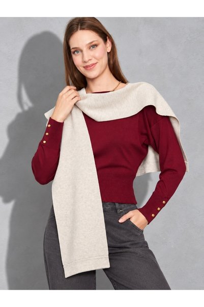 Irmak Kerekli Women's knit scarf shawl - sweater-look square shoulder shawl 1407 beige