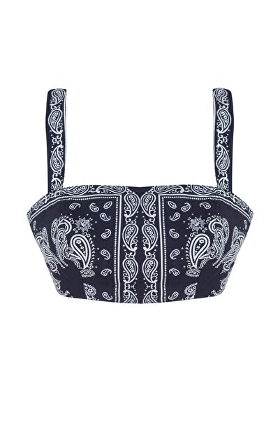 EMERY - Lacivert Etnik Desenli Pamuk Crop Top
