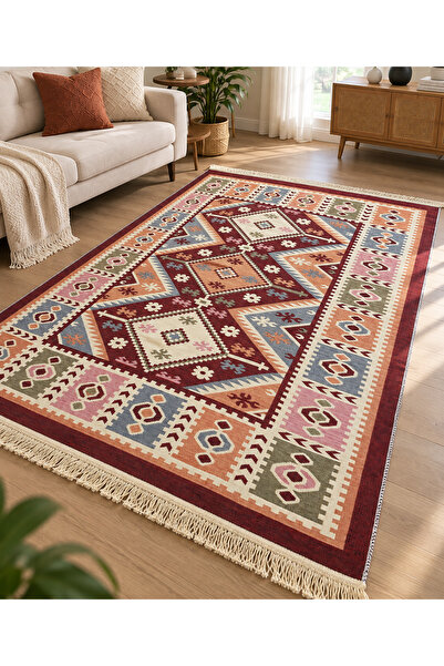 Akbel Halı Kilim – Bohem Etnik Desenli Saçaklı Çok Renkli Kilim