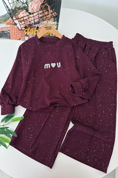 Minigimin Cicileri Heart Stone Detailed Glittery Girls' 2-Piece Set - Burgundy