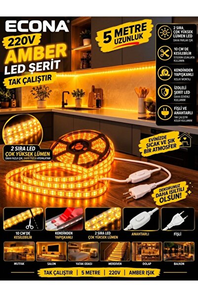 ECONA 5 METRE AMBER 220V LED Şerit ,Tak Çalıştır Set, Fişli Anahtarlı Esnek Ş...