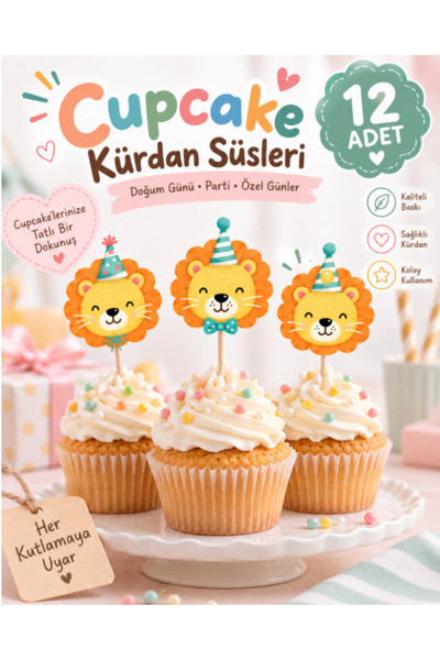 P&B COLLECTION WORKSHOP 12 Adet Aslan Temalı Cupcake Kürdan Süsü – Doğum Günü...