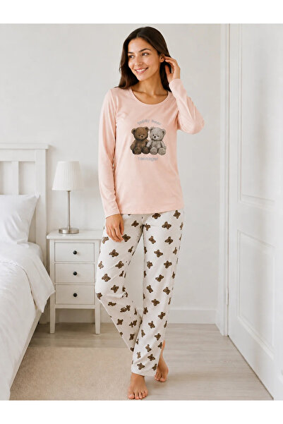 Serena Pijama de Damă cu Imprimeu Urși și Pantaloni Asortați-Roz pudra