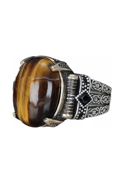 Mirari Jewelry Kaplangözü Taşlı Zincir Motifli Siyah Taş Detaylı Erkek Yüzük ...