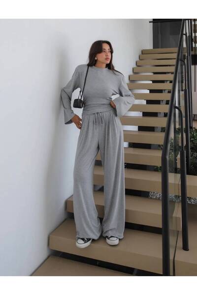 Bak'ap Premium Padded Corset Detailed Bat Sleeve Blouse - Wide Leg Pants 2-Pi...